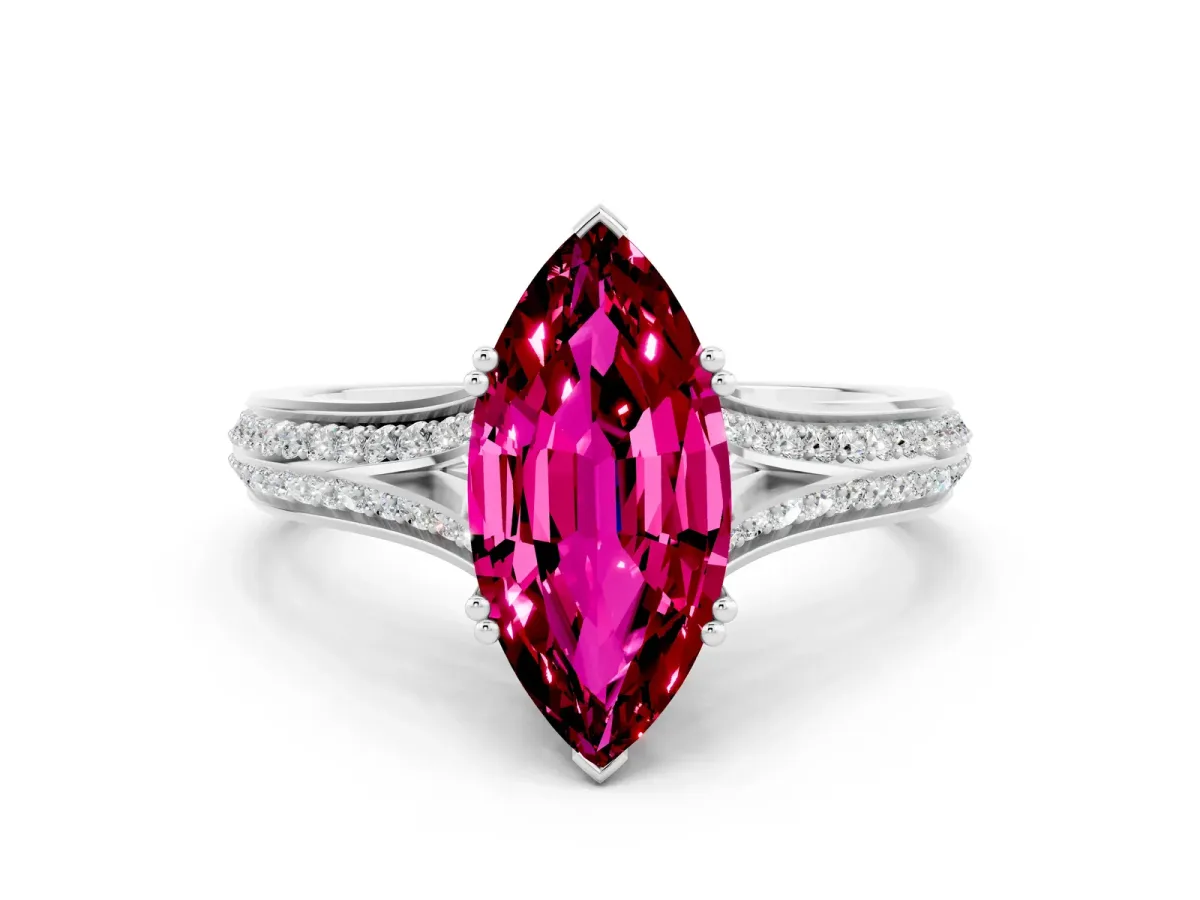 Marquise Cut Garnet Split Shank Engagement Ring with Pavé Band White gold