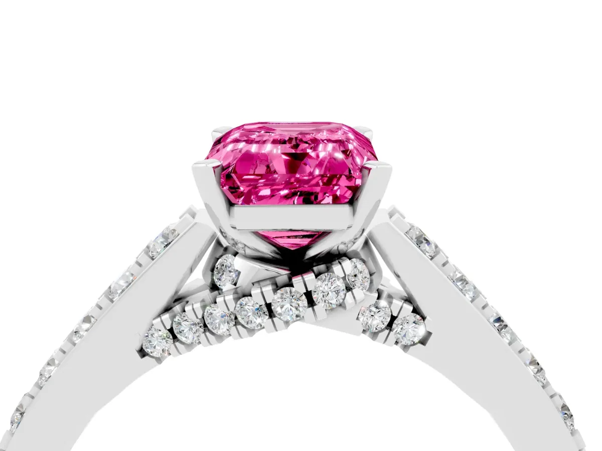 Emerald Cut Pink Sapphire Solitaire Ring with Crossover Gallery and Round Pavé Band Silver