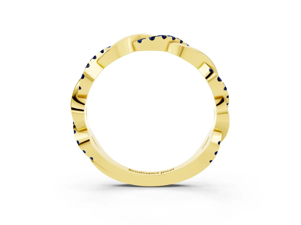 Pavé Round Blue Sapphire Twist Eternity Band with Shared Prong Setting Yellow gold