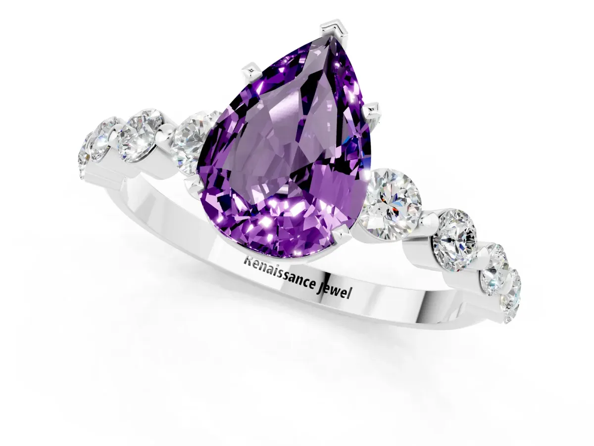 Pear Cut Solitaire Amethyst Ring with Pave Band and Four-Prong Setting Silver