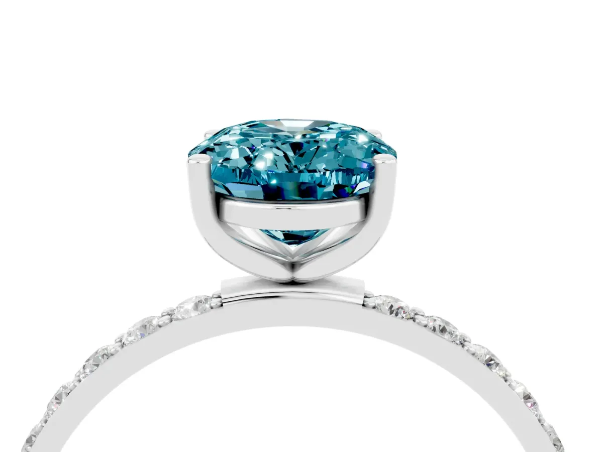 Oval Cut Blue Topaz Solitaire Ring with Round Pavé Band and Prong Setting Platinum