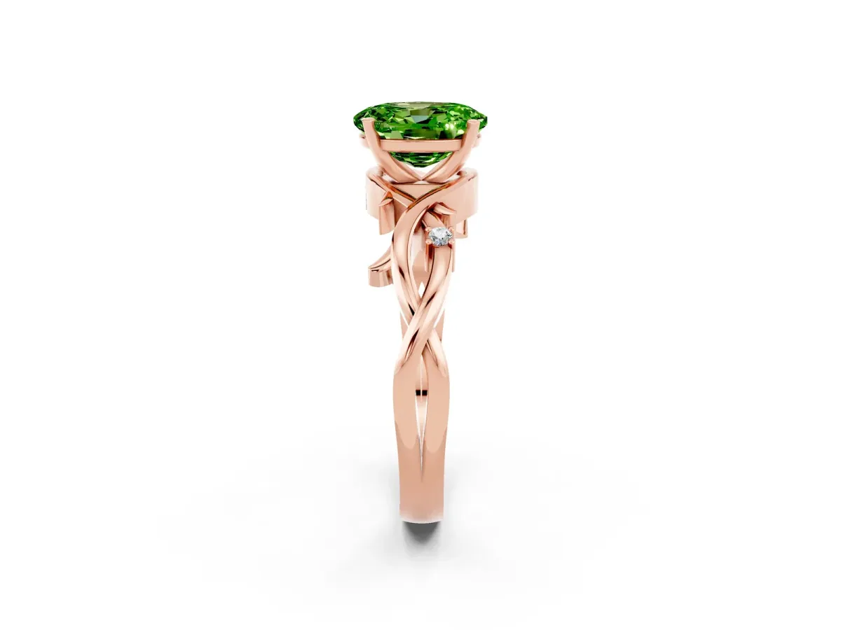 Oval Cut Peridot Solitaire Ring with Twisted Band and Prong Setting Rose gold