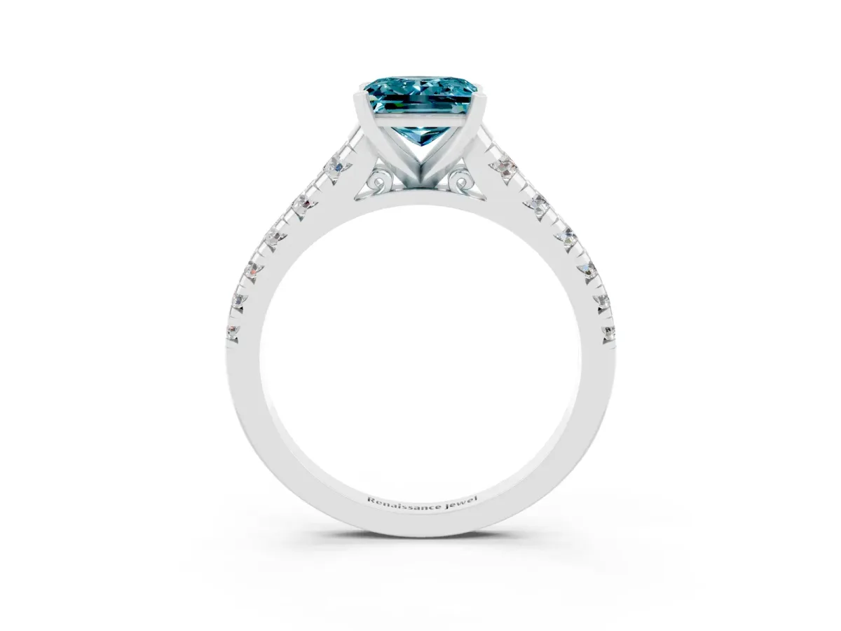 Princess Cut Blue Topaz Cathedral Solitaire Ring with Round Pavé Band Silver