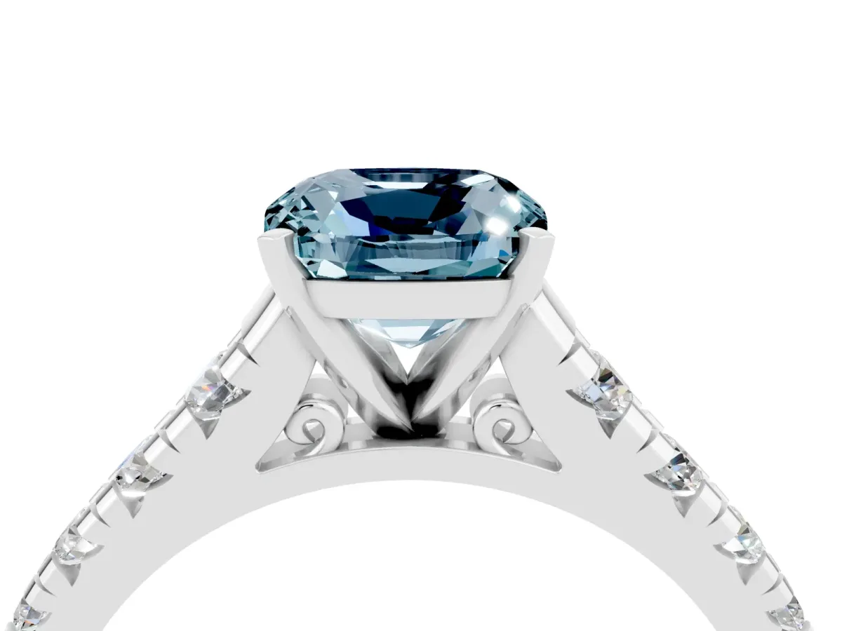 Cushion Cut Aquamarine Cathedral Solitaire Ring with Round Pavé Band Silver