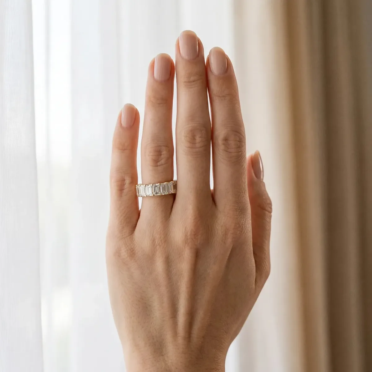 Emerald Cut Diamond Prong-Set Eternity Band Yellow gold