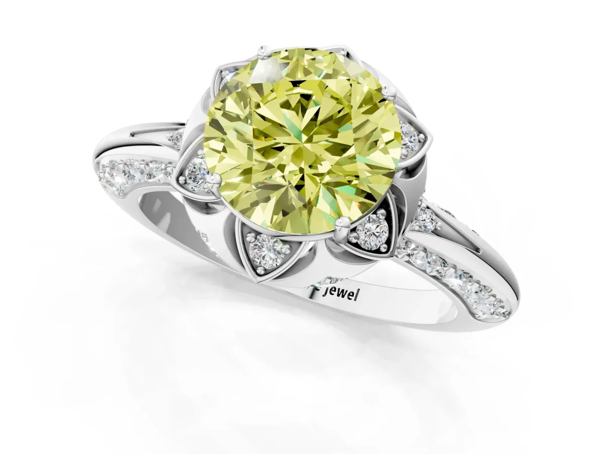 Fancy Yellow Round Cut Halo Split Shank Pave Diamond Ring with Petal Prong Setting Platinum