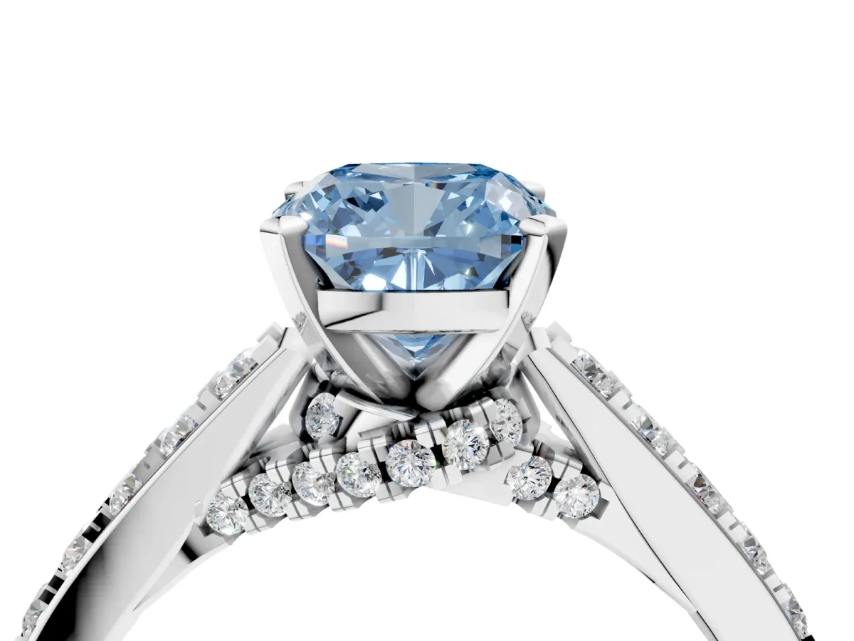 Fancy Blue Cushion Cut Diamond Solitaire Ring with Crossover Gallery and Round Pavé Band Silver