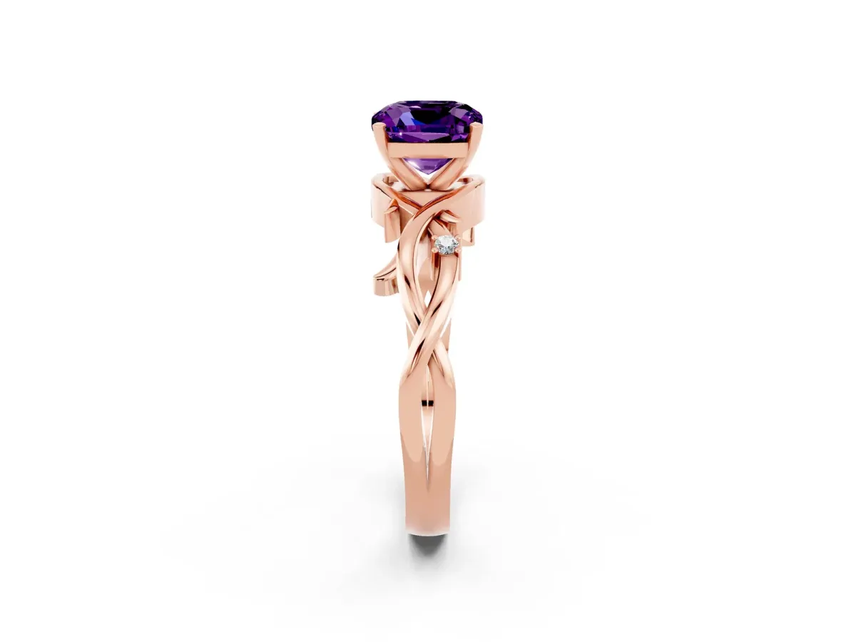 Cushion Cut Amethyst Solitaire Ring with Twisted Band and Prong Setting Rose gold