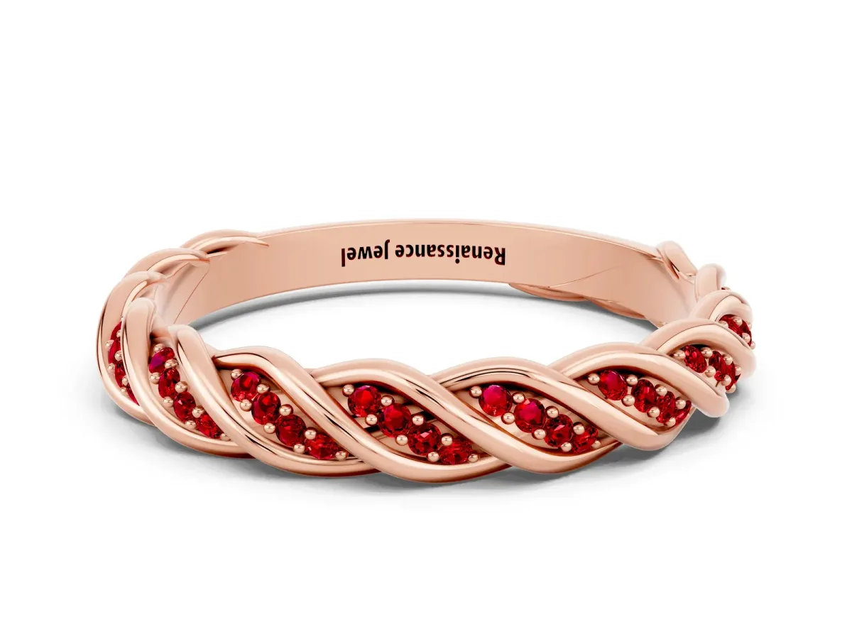 Twisted Pavé Round Ruby Eternity Band with Shared Prong Setting Rose gold