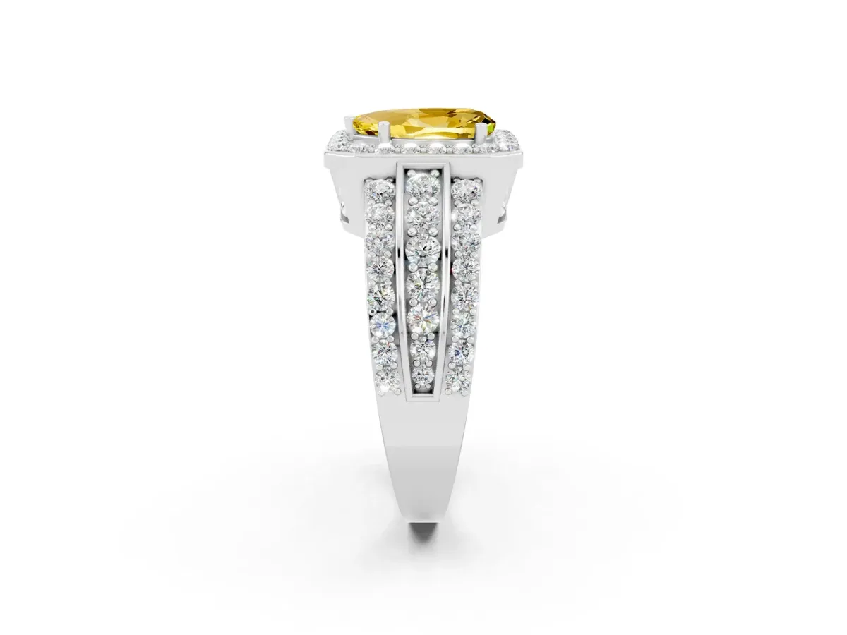 Pear Cut Halo Yellow Sapphire Ring with Round Split Shank and Prong Setting Platinum