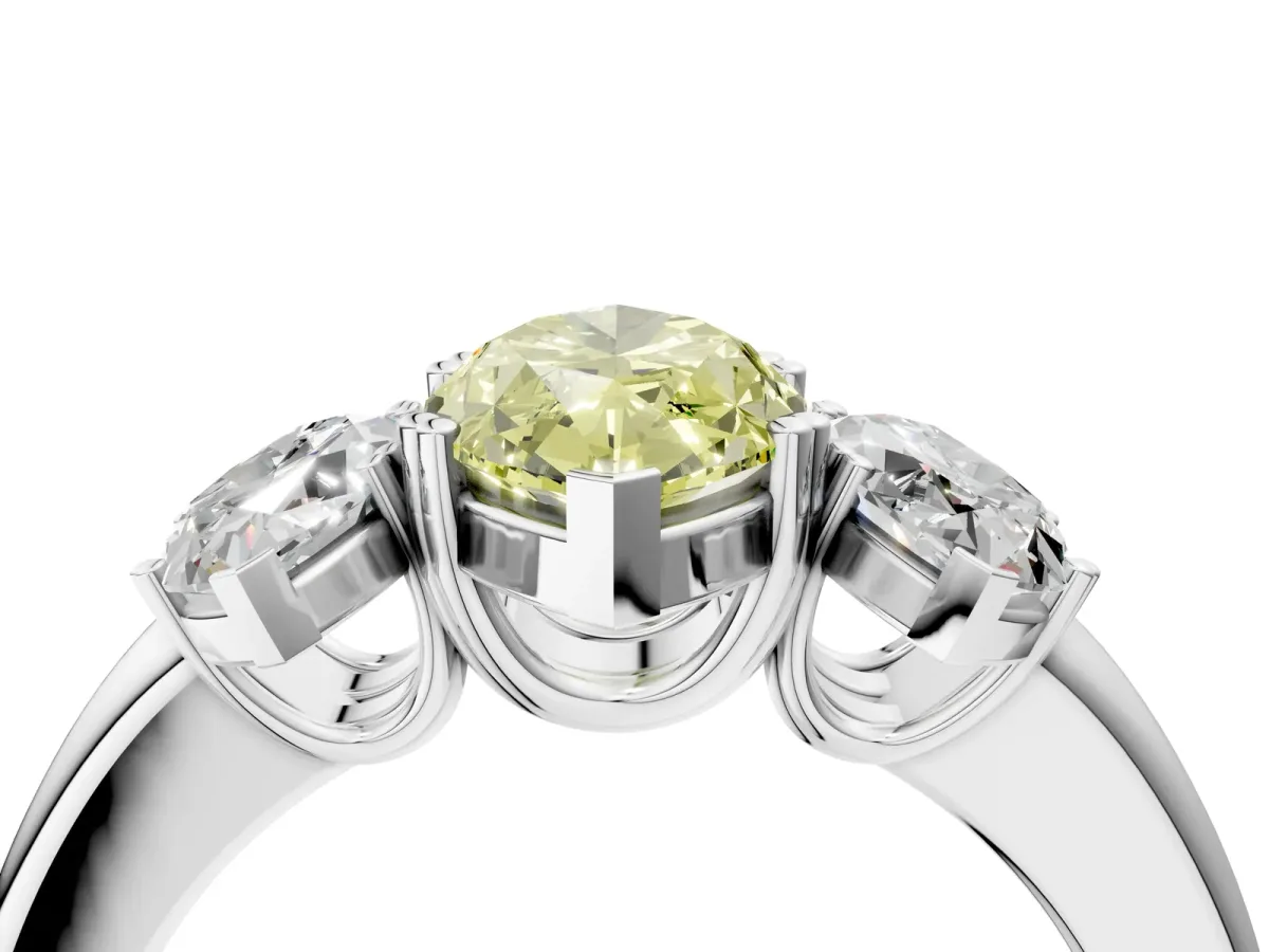 Fancy Yellow Three-Stone Marquise Cut Cut Diamond Ring with Channel Set Band and Four-Prong Setting Silver