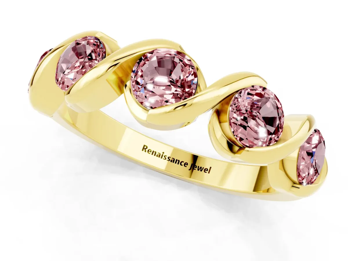 Round Morganite Wave Band with Channel Setting and Shared Prongs Yellow gold