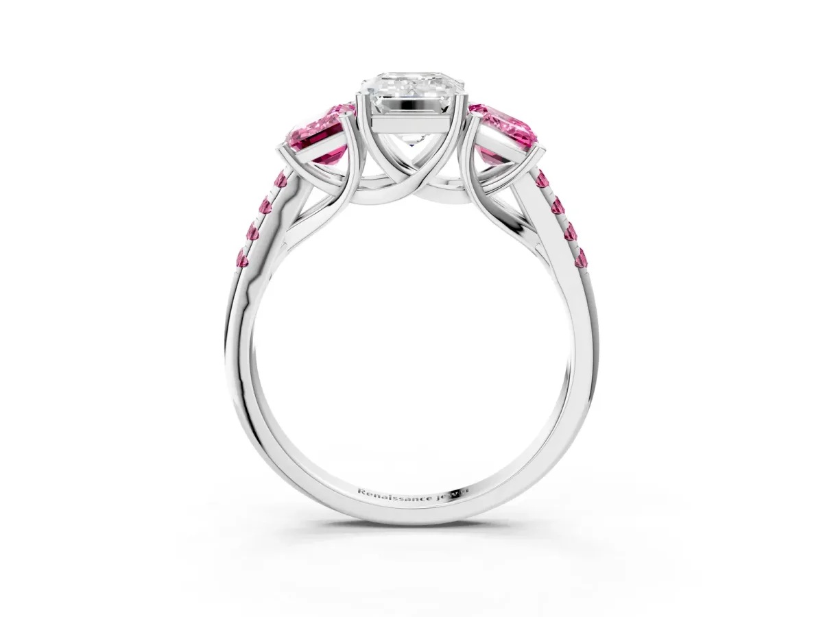 Three-Stone Emerald Cut Diamond Ring with Round Pink Sapphire Pavé Band and Prong Setting Silver