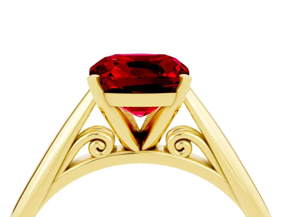 Cushion Cut Ruby Solitaire Engagement Ring with Cathedral Setting and Four-Prong Mount Yellow gold