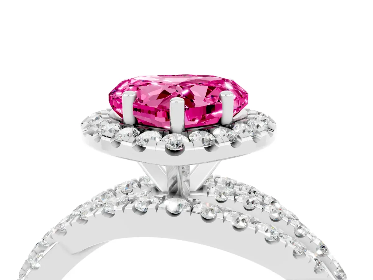 Heart Cut Pink Sapphire Halo Ring with Round Split Shank and Prong Setting Platinum