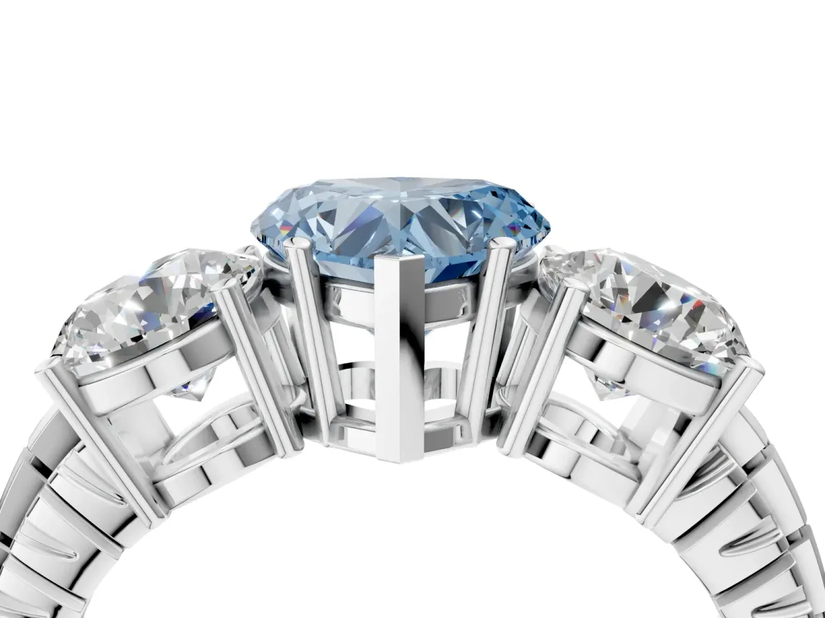 Fancy Blue Three-Stone Heart Cut Cut Diamond Ring with Channel-Set Band and Prong Setting Platinum