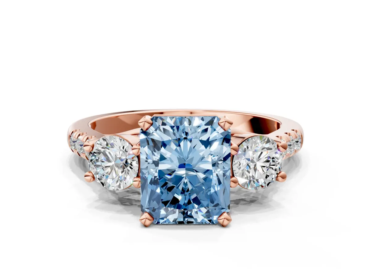 Fancy Blue Three-Stone Radiant Cut Diamond Pavé Band with Four-Prong Setting Rose gold