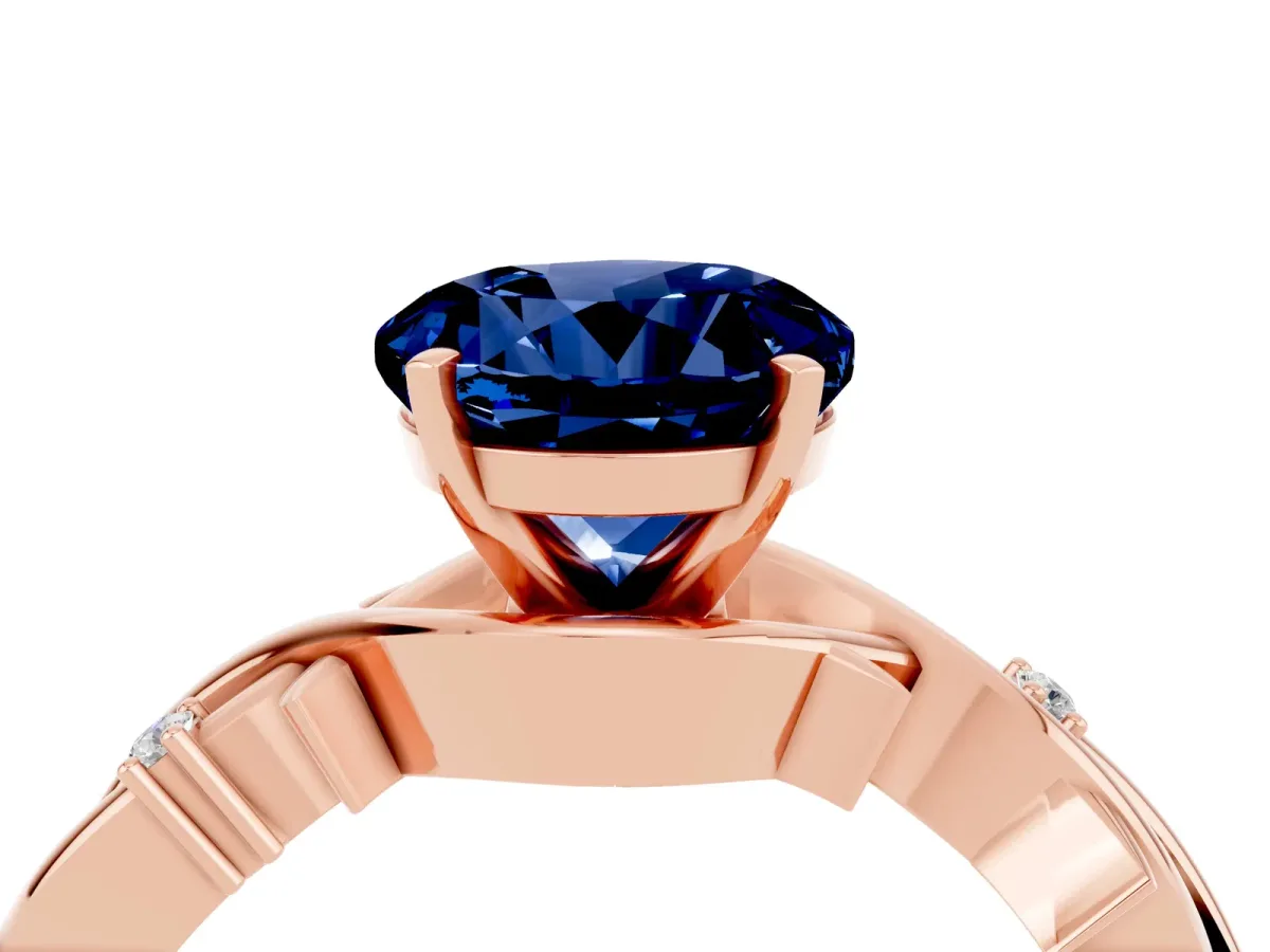 Round Cut Blue Sapphire Solitaire Ring with Twisted Band and Prong Setting Rose gold