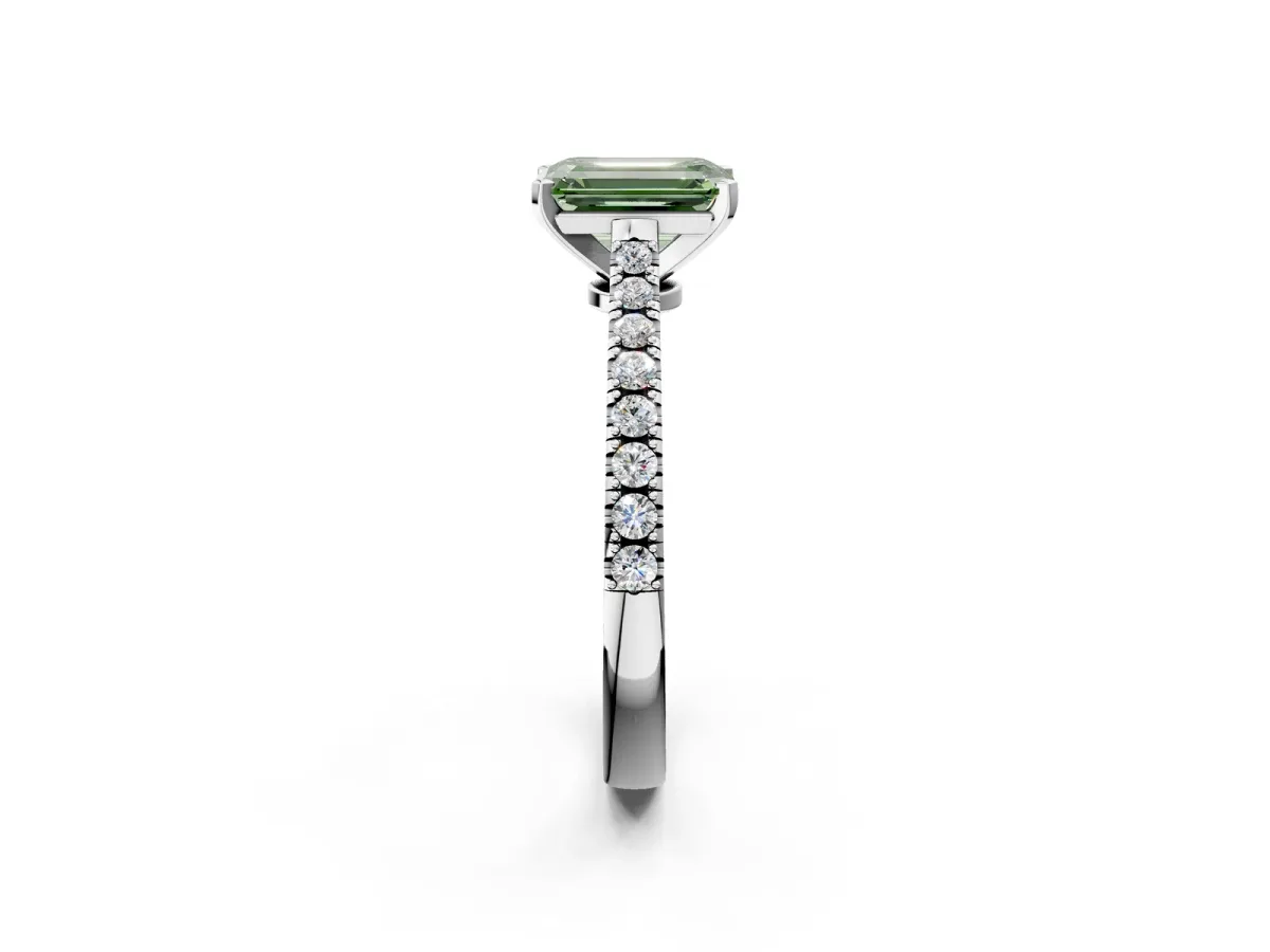Fancy Green Emerald Cut Cut Solitaire Diamond Engagement Ring with Pave Band and Four-Prong Setting Silver