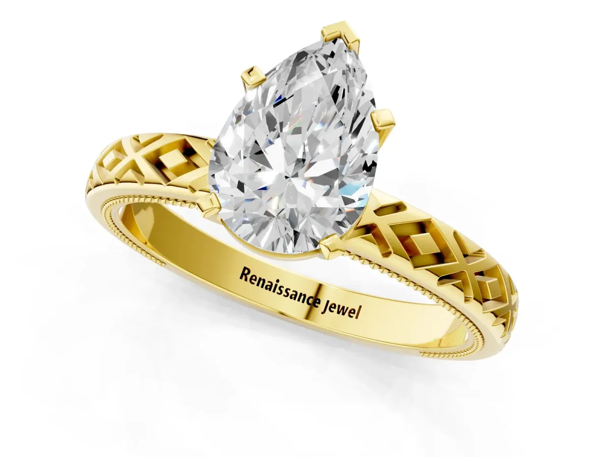 Pear Cut Solitaire Diamond Ring with Milgrain and Black Enamel X Pattern Band Yellow gold