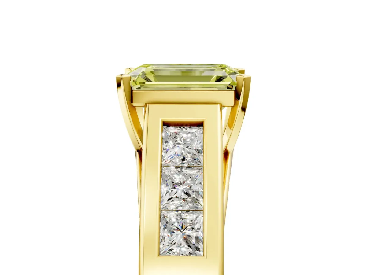 Fancy Yellow Emerald Cut Cut Channel Set Solitaire Ring with Four-Prong Setting Yellow gold