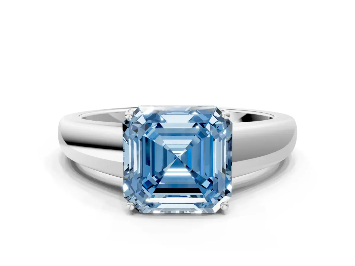 Fancy Blue Asscher Cut Solitaire Diamond Ring with Tapered Band and Four-Prong Setting Platinum