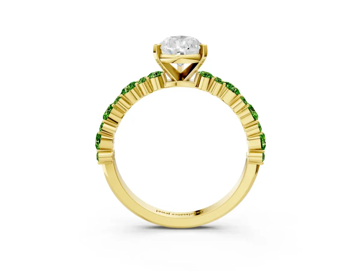 Pear Cut Diamond Side Stone Solitaire Ring with Round Peridot and Four-Prong Setting Yellow gold