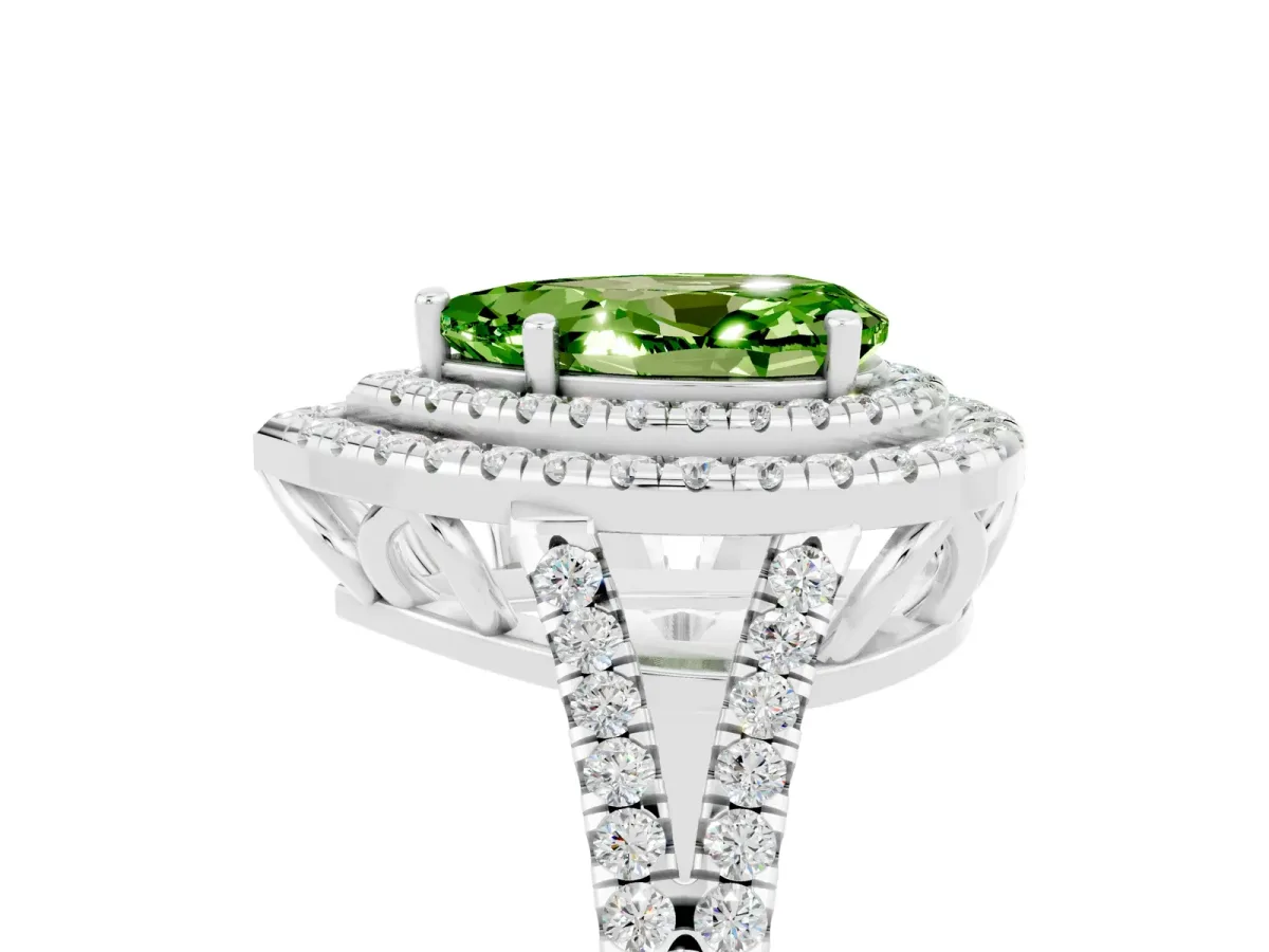 Pear Cut Peridot Double Halo Ring with Pavé Band and Prong Setting Silver