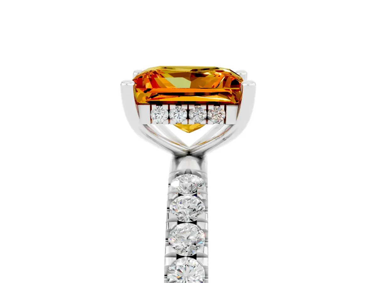 Princess Cut Citrine Pave Band Solitaire Ring with Round and Prong Setting Platinum