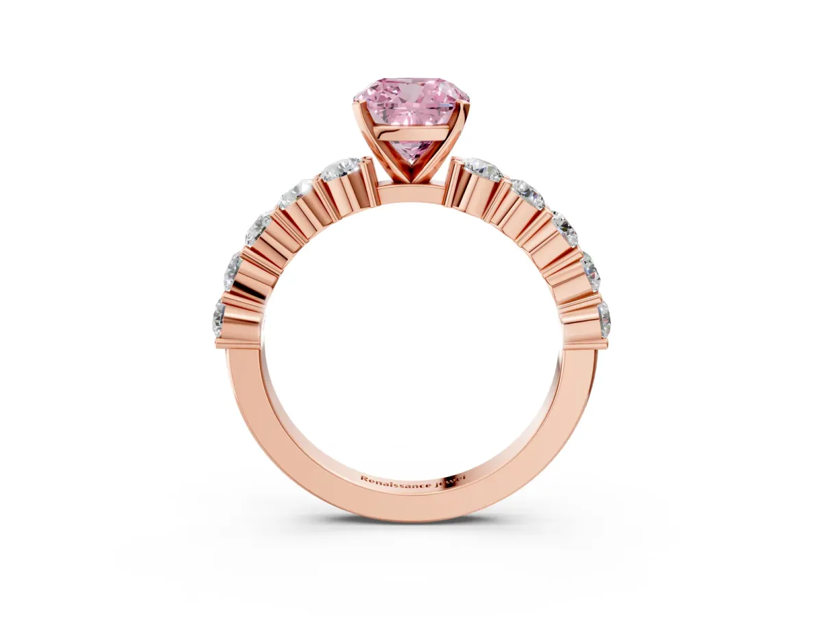 Fancy Pink Cushion Cut Diamond Solitaire Ring with Shared Prong Round Side Stones Rose gold