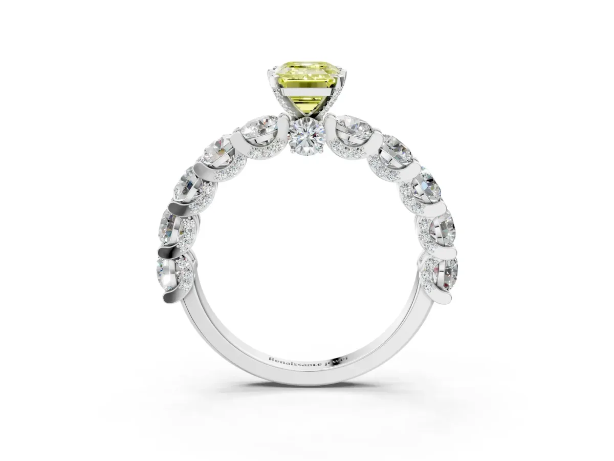 Fancy Yellow Emerald Cut Diamond Side Stone Engagement Ring with Four-Prong Setting Silver