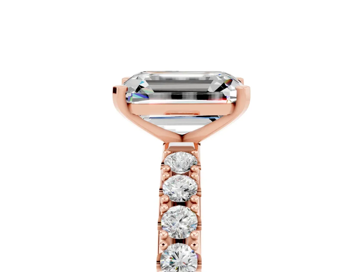 Emerald Cut Moissanite Solitaire Pavé Band with Four-Prong Setting Rose gold