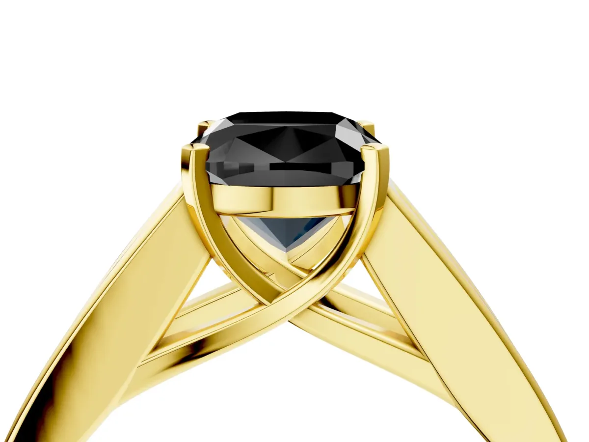 Fancy Black Cushion Cut Cut Channel Set Solitaire Ring with Four-Prong Setting Yellow gold