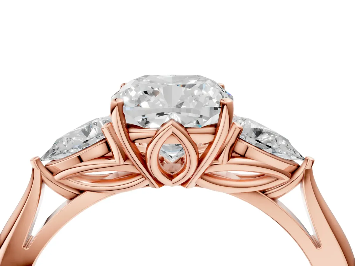 Cushion Cut Diamond Three-Stone Ring with Pear Side Stones and Prong Setting Rose gold
