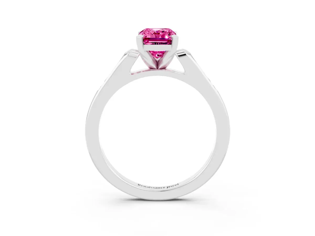 Emerald Cut Pink Sapphire Solitaire Ring with Channel Set Round Band and Prong Setting Silver