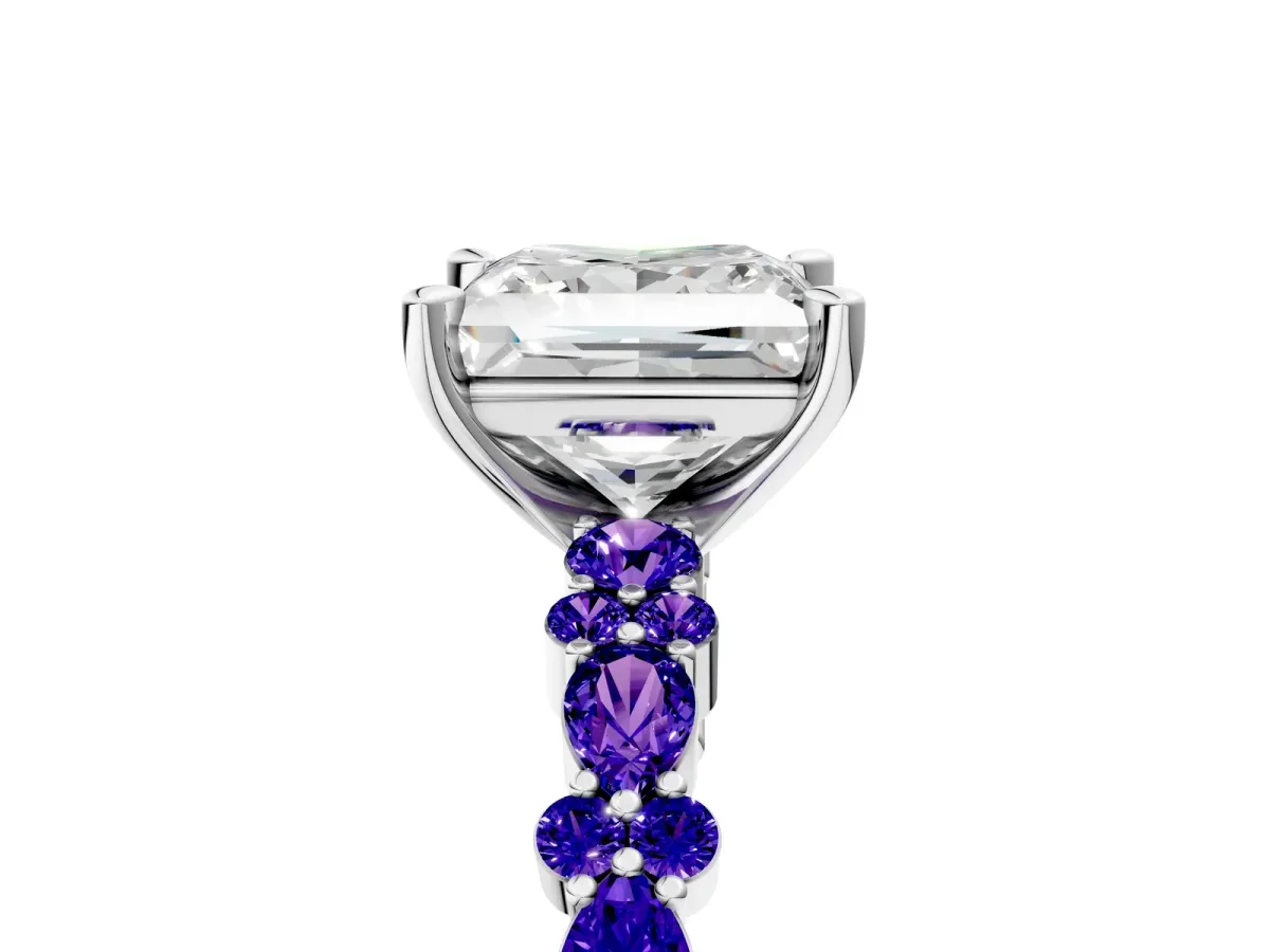Princess Cut Diamond Side Stone Solitaire Ring with Round Tanzanite and Four-Prong Setting Silver