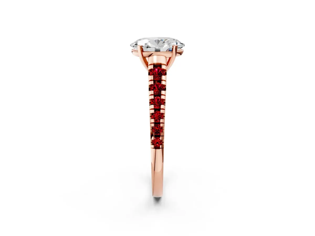Oval Cut Diamond Cathedral Solitaire Ring with Round Ruby Pavé Band Rose gold