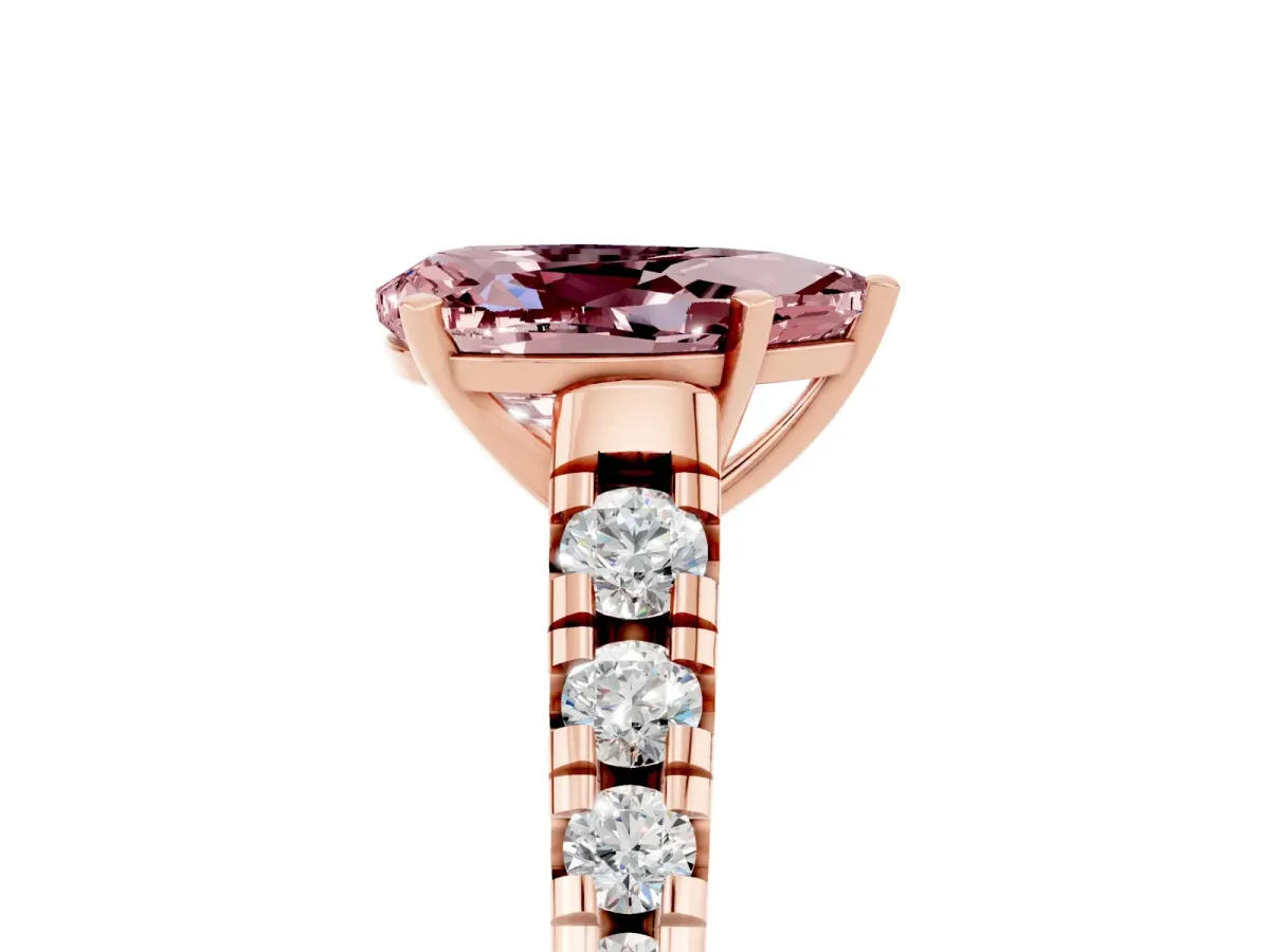 Pear Cut Morganite Cathedral Solitaire Ring with Round Pavé Band Rose gold
