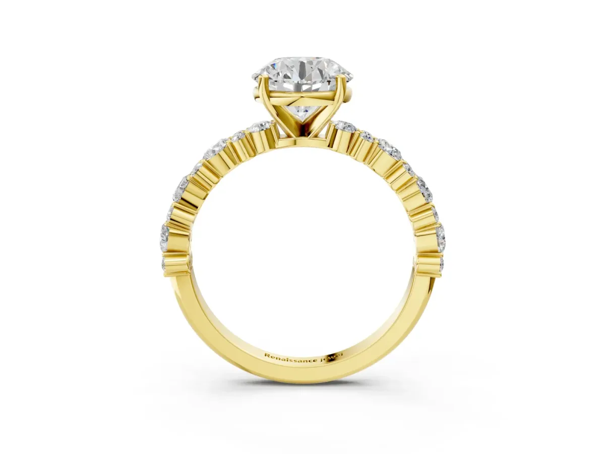 Round Cut Diamond Side Stone Solitaire Ring with Round and Four-Prong Setting Yellow gold