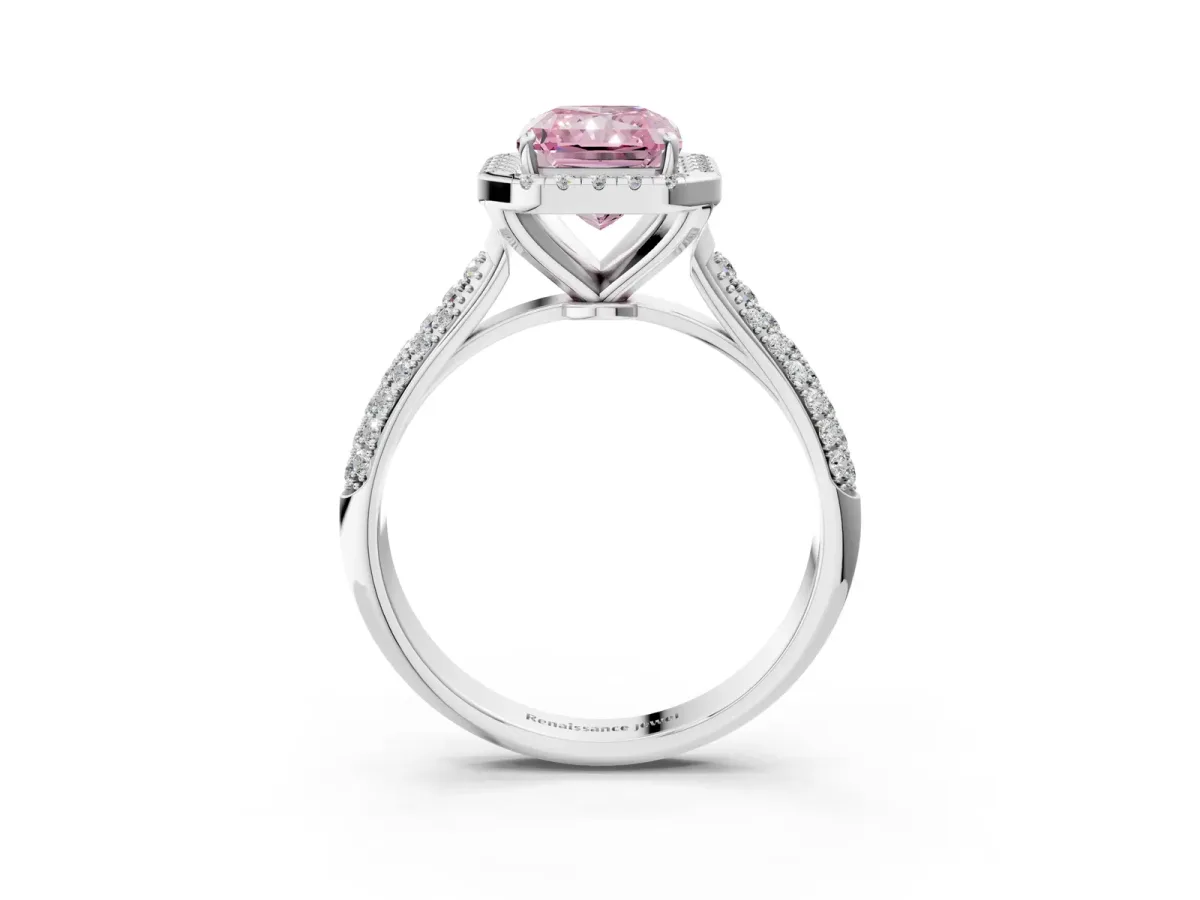 Fancy Pink Radiant Cut Halo Diamond Ring with Pavé Band Platinum