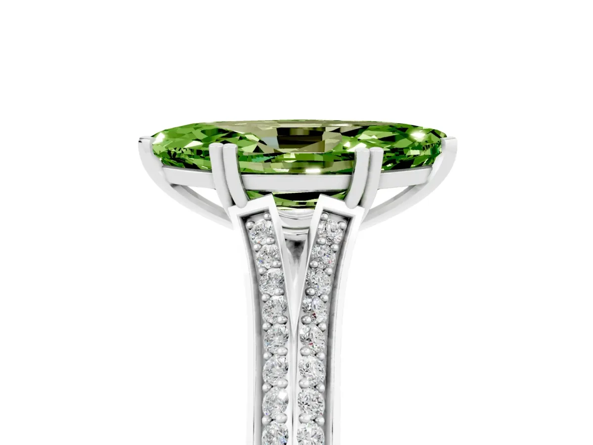 Marquise Cut Peridot Split Shank Engagement Ring with Pavé Band White gold