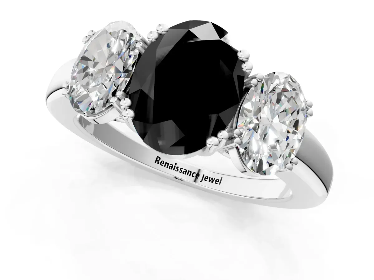 Fancy Black Three-Stone Oval Cut Cut Diamond Ring with Channel Set Band and Four-Prong Setting Silver