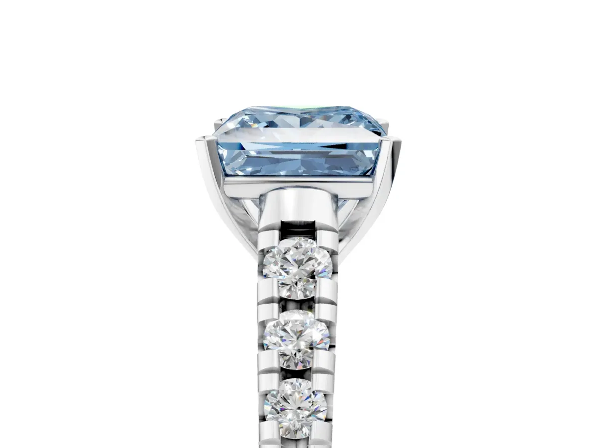 Fancy Blue Princess Cut Diamond Cathedral Solitaire Ring with Round Pavé Band Silver