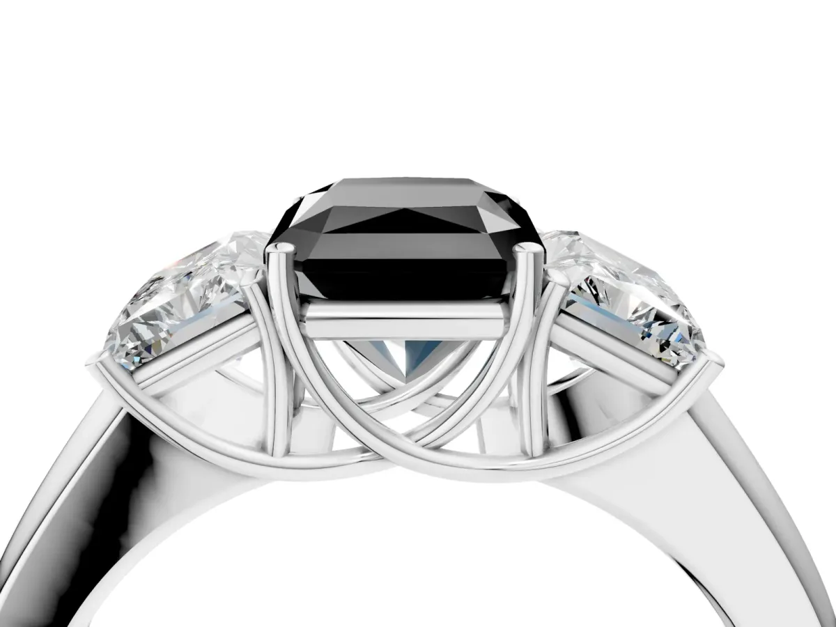 Fancy Black Three-Stone Radiant Cut Cut Diamond Ring with Prong Setting and Classic Band Platinum