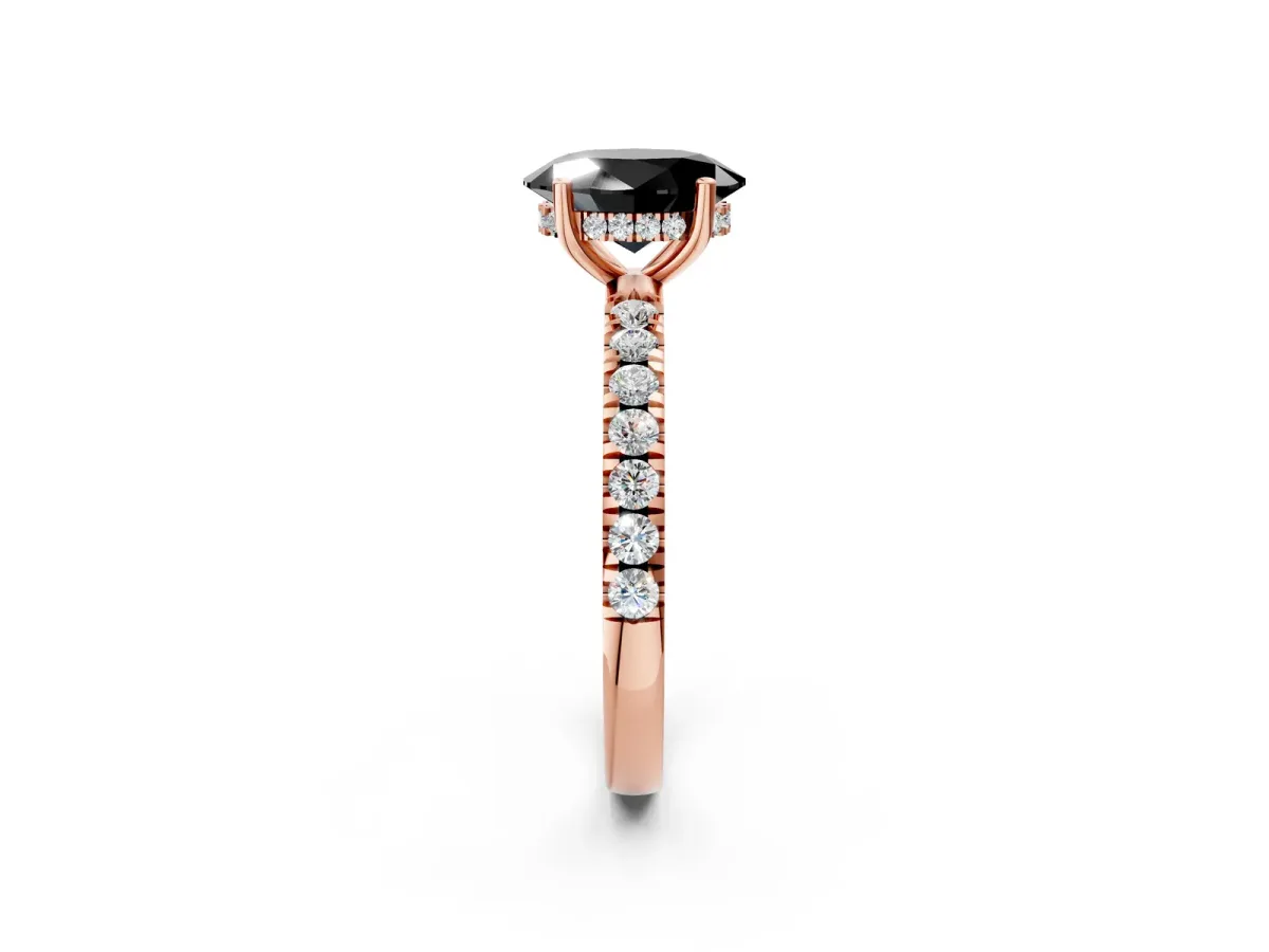 Fancy Black Oval Cut Diamond Pave Band Solitaire Ring with Round and Prong Setting Rose gold