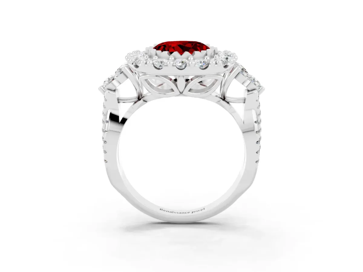 Round Cut Ruby Halo Ring with Pavé Band and Four-Prong Setting Silver