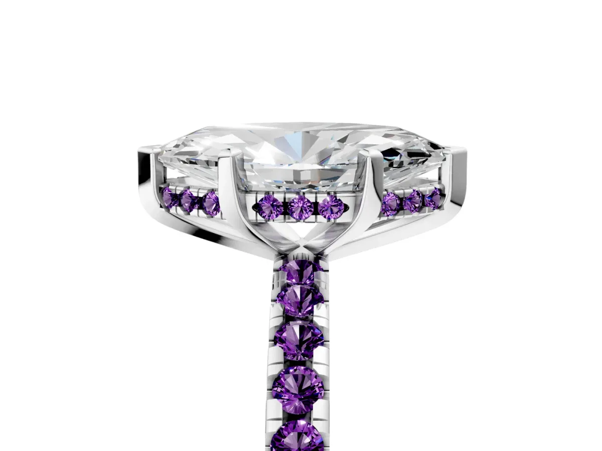 Marquise Cut Diamond Solitaire Ring with Round Amethyst Pavé Band and Four-Prong Setting Silver