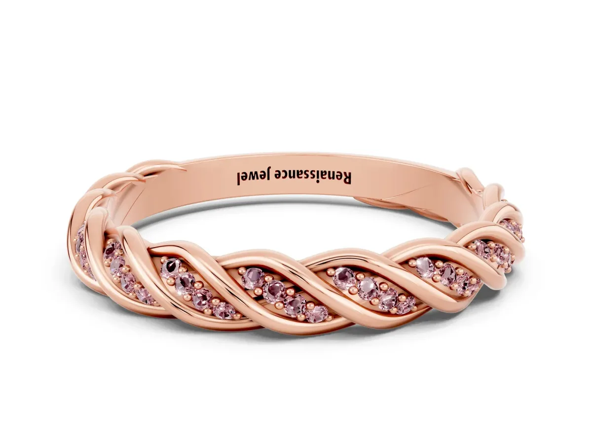 Twisted Pavé Round Morganite Eternity Band with Shared Prong Setting Rose gold