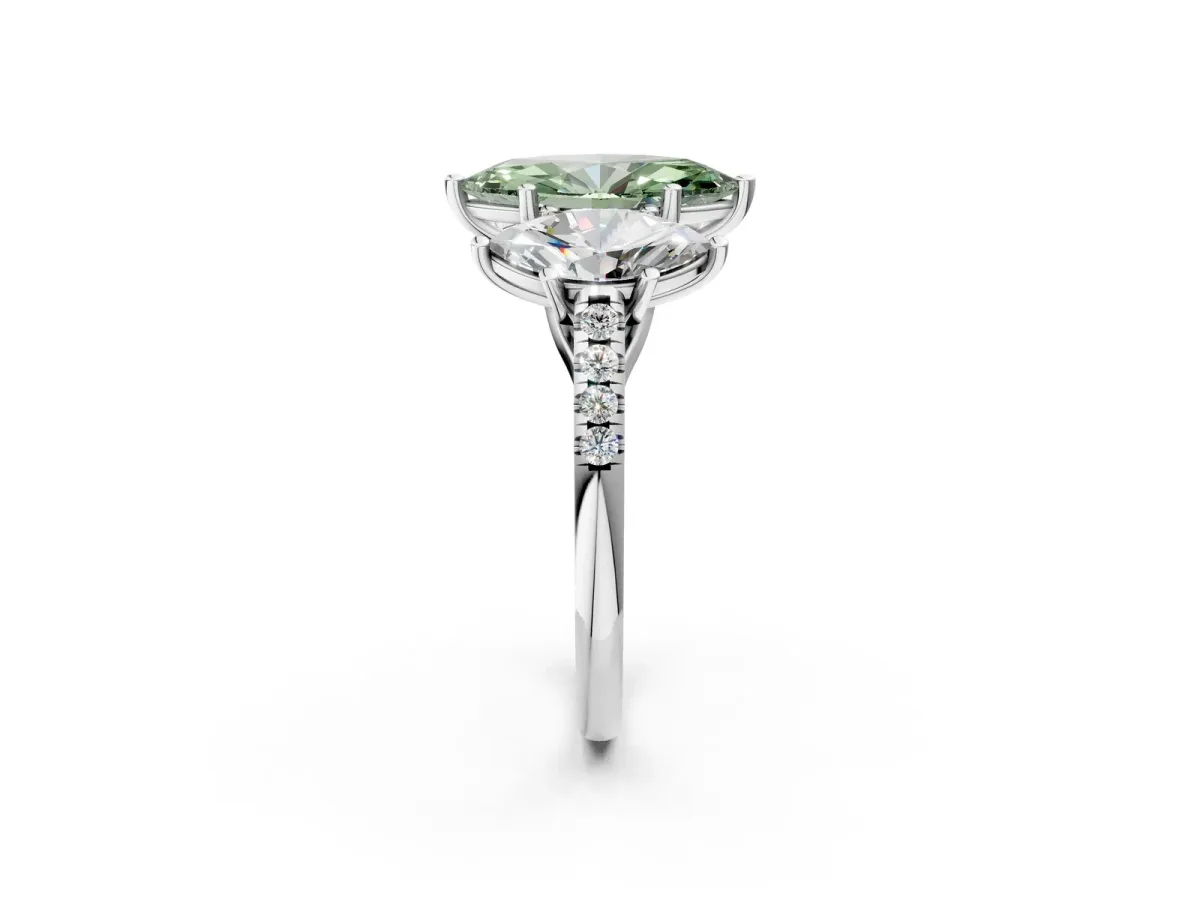Fancy Green Three-Stone Marquise Cut Diamond Ring with Round Pavé Band and Prong Setting Silver
