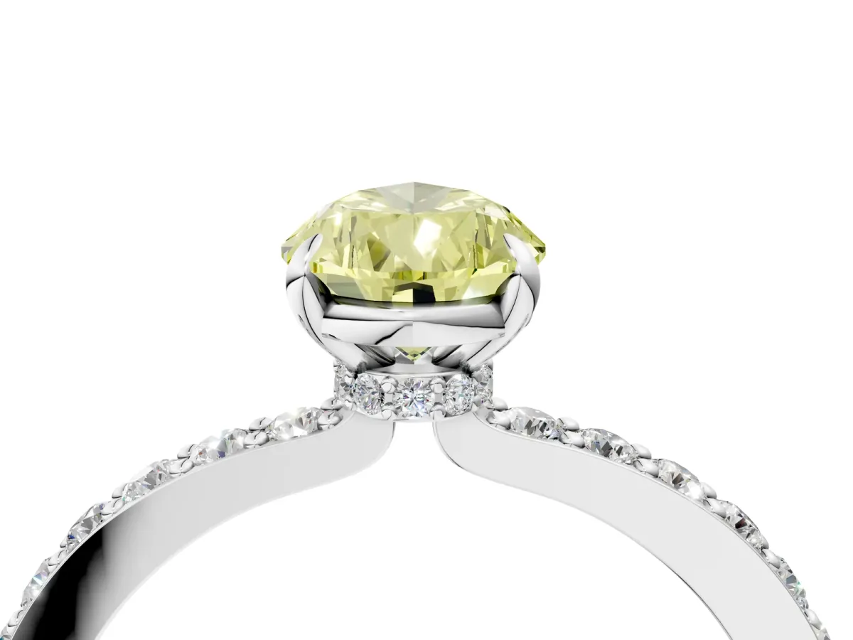 Fancy Yellow Pear Cut Diamond Solitaire Engagement Ring with Pavé Band and Four-Prong Setting Silver